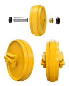 Dozer Idlers from front and angled view with a breakout of the idler assembly group parts