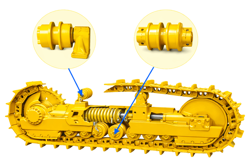 aftermarket-dozer-track-rollers-carrier-rollers aftermarket dozer track rollers and carrier rollers on a dozer undercarriage